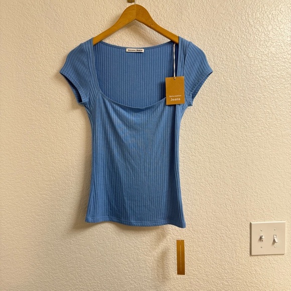 Reformation Bardot Knit Top Parisian Blue Size Small BNWT - Picture 1 of 3